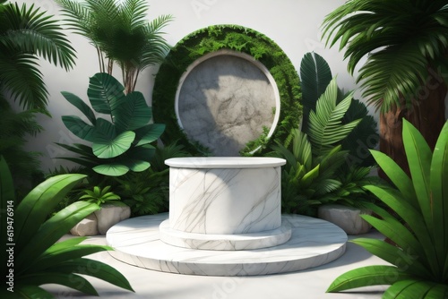 white marble cylinder podium green leaves in white background made with Generative AI
