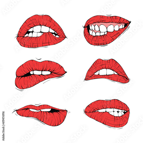 set sexy mouth lip bite collection sketch vector illustration line art