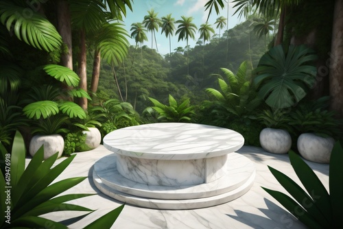 white marble cylinder podium green leaves in white background made with Generative AI