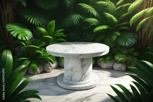 white marble cylinder podium green leaves in white background made with Generative AI