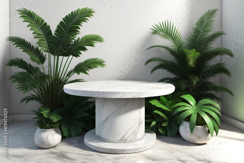 white marble cylinder podium green leaves in white background made with Generative AI