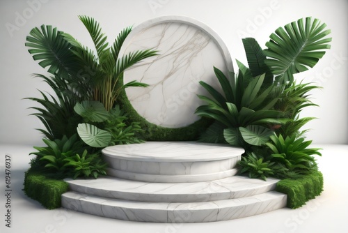 white marble cylinder podium green leaves in white background made with Generative AI