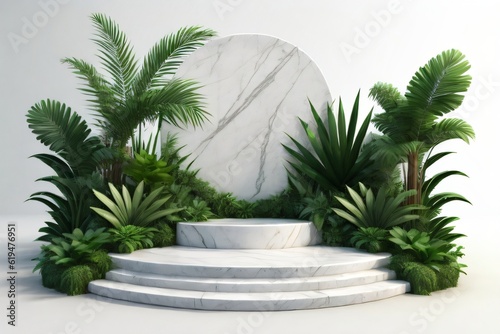white marble cylinder podium green leaves in white background made with Generative AI