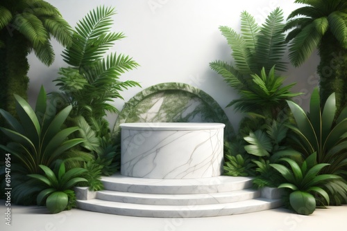 white marble cylinder podium green leaves in white background made with Generative AI
