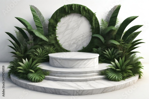 white marble cylinder podium green leaves in white background made with Generative AI