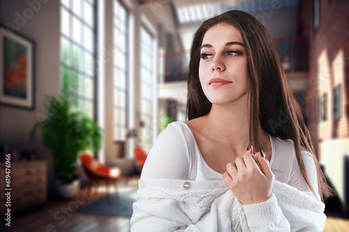 Free Download Relaxing attractive young woman at home, AI generated image - GFXLoad
