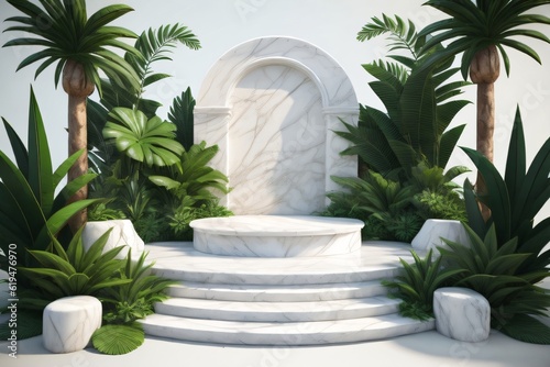 white marble cylinder podium green leaves in white background made with Generative AI