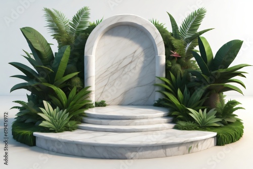 white marble cylinder podium green leaves in white background made with Generative AI