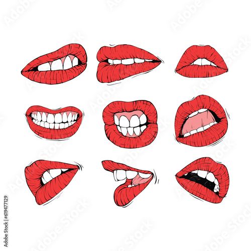 set red female lips collection sketch vector illustration line art