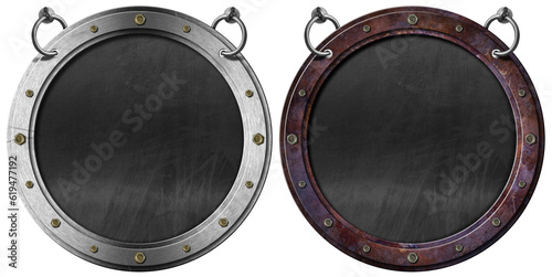 Two metal portholes with bolts and blank blackboard with copy space, hanging from steel rings, isolated on white or transparent background, template. 3d illustration. Png. 