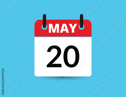 May 20. Flat icon calendar isolated on blue background. Date and month vector illustration