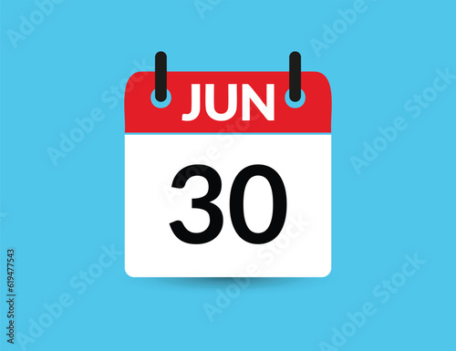 June 30. Flat icon calendar isolated on blue background. Date and month vector illustration