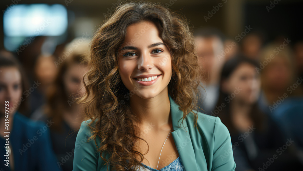 Obraz premium Portrait of a Young University Student: A Determined Woman Captured in an Academic Portrait with an Auditorium as the Background, Symbolizing Her Educational Journey.