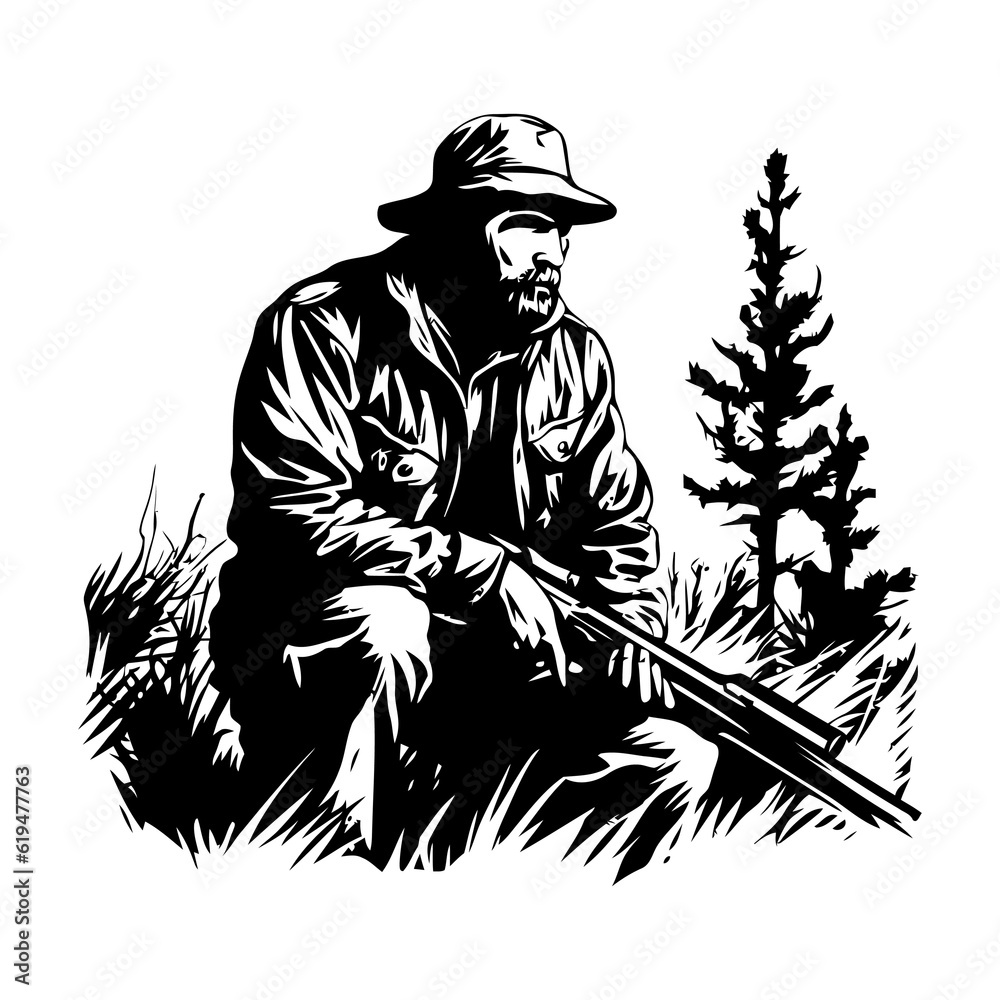 Hunter and hunting animals in the pine forest.Vector silhouette of hunting isolated on white. Hunter and hunting animals in the pine forest.Vector silhouette of hunting isolated on white.