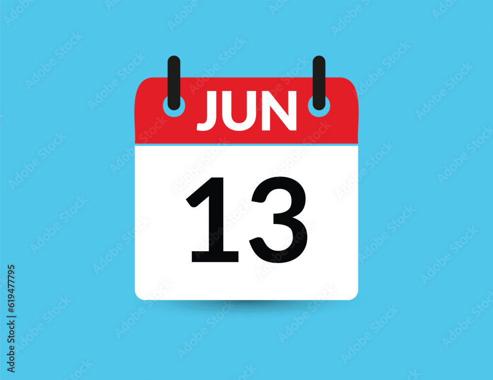 June 13. Flat icon calendar isolated on blue background. Date and month vector illustration June 13. Flat icon calendar isolated on blue background. Date and month vector illustration