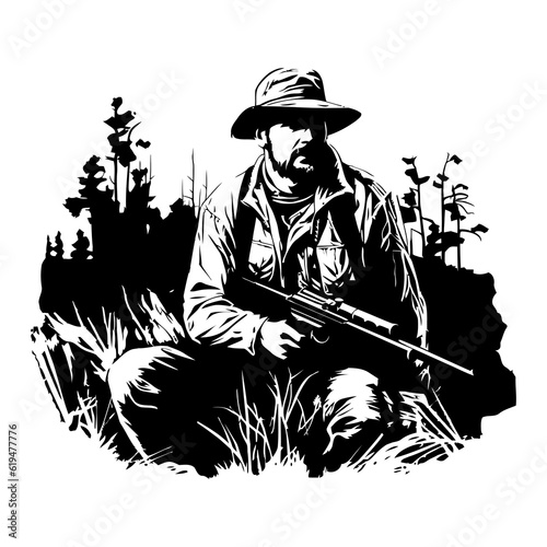 Hunter and hunting animals in the pine forest.Vector silhouette of hunting isolated on white.