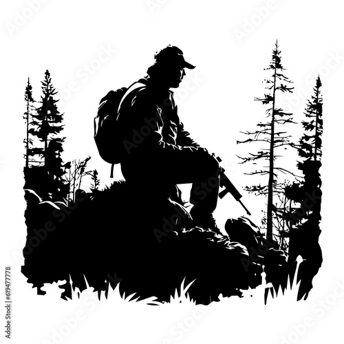 Hunter and hunting animals in the pine forest.Vector silhouette of hunting isolated on white.