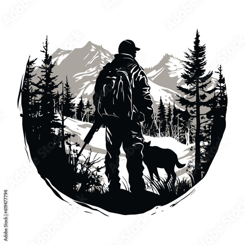 Hunter and hunting animals in the pine forest.Vector silhouette of hunting isolated on white.