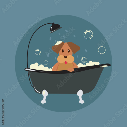 Vector sticker dog in the bathroom. Grooming salon. Cute dog is swimming. Pets shop. Grooming master