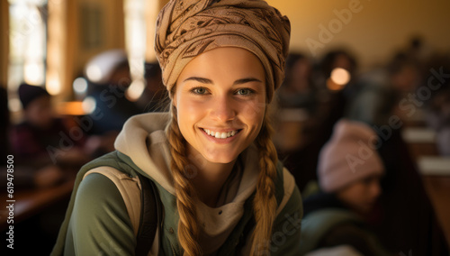 Portrait of a Young University Student: A Determined Woman Captured in an Academic Portrait with an Auditorium as the Background, Symbolizing Her Educational Journey.