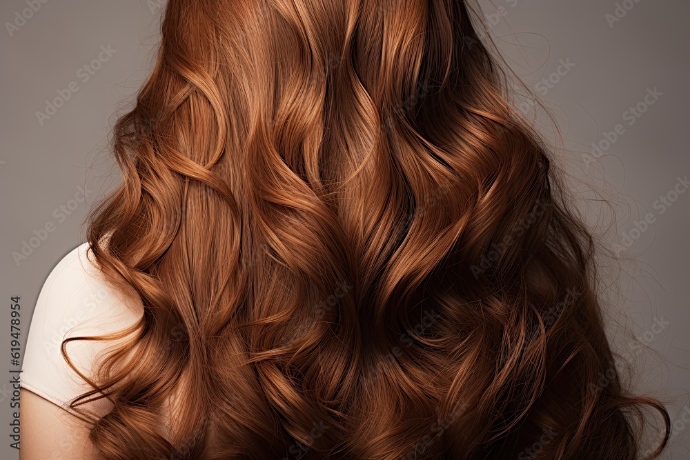 Fototapeta premium Back View of Woman with Beautiful Brown Wavy Hair | Fashionable Hairstyle