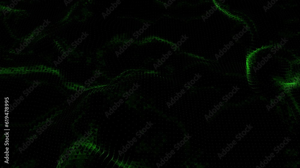 Futuristic grid wave of blue halftone digital dots data smooth seamless animation on dark with dim light background. Flow particles landscape. For cyber technology, sound visualization, big data