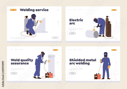 Set of landing page template advertising professional welding service of qualified welder worker