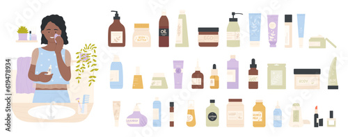 Cosmetic skincare set vector illustration. Cartoon isolated female character holding jade guasha and bottle of oil to massage skin, collection of containers with cosmetic products for face and body