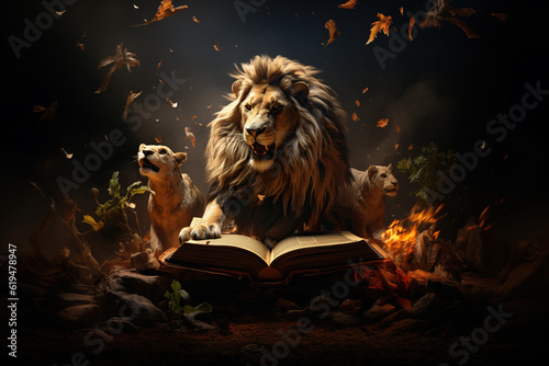 Open book with magic nature world with wild animals lions, animal-themed book, storytelling concept, Encyclopedia of wild animals, Fantasy and literature AI Generative