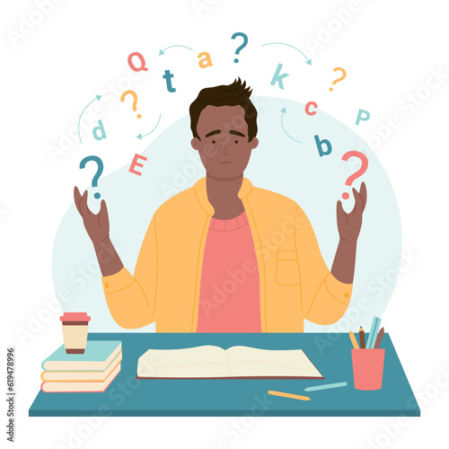 Problems in learning and literacy, dysgraphia and dyslexia disability vector illustration. Cartoon dyslexic confused student sitting at desk with cloud of letters, frustrated boy asking question