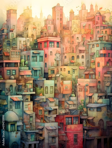 Town, amazing background. Illustration. Ai generation.