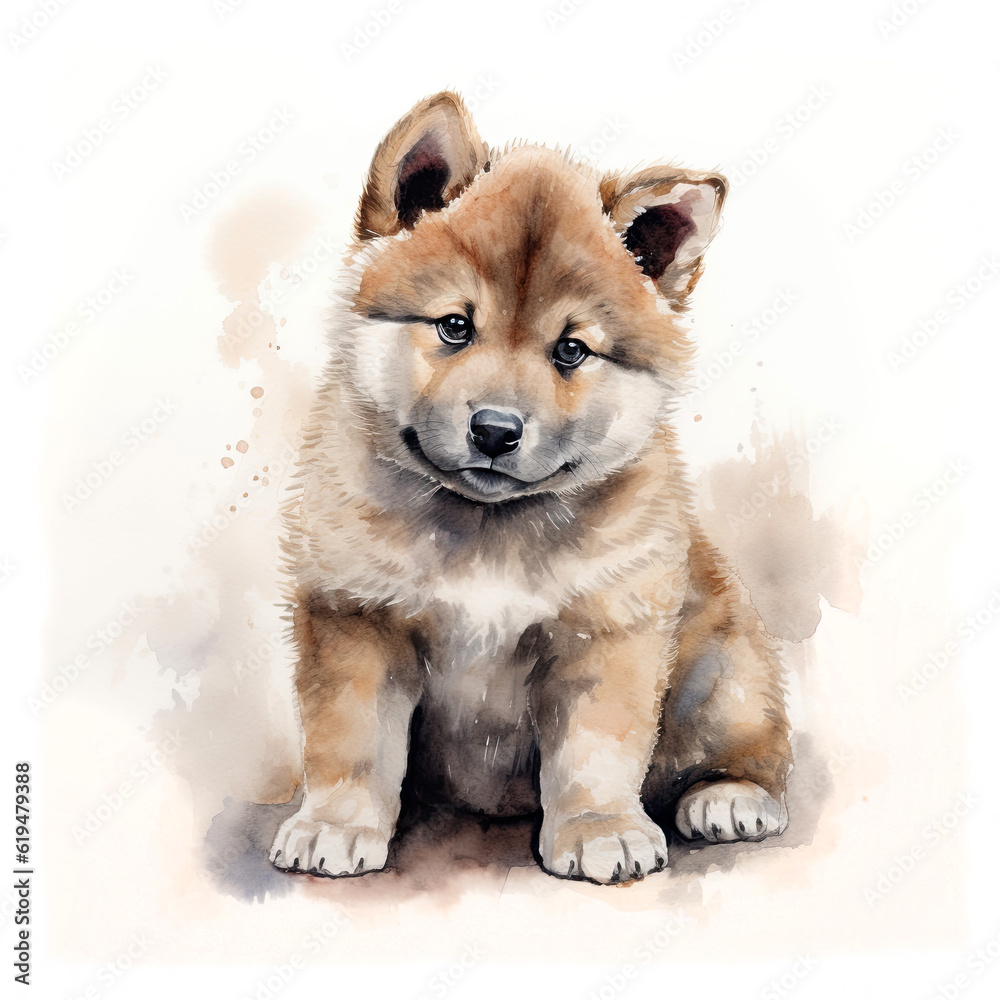 Japanese Akita puppy on a white background. Cute digital watercolour for dog lovers.
