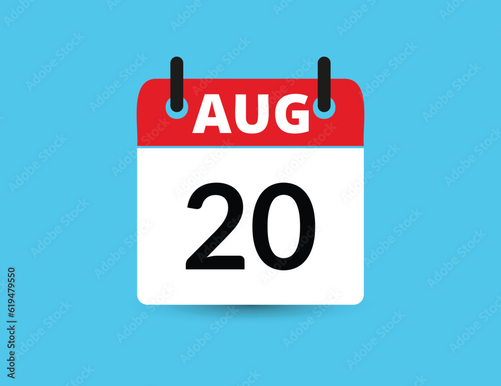 August 20. Flat icon calendar isolated on blue background. Date and month vector illustration