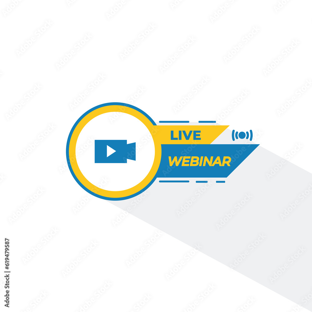 Live webinar button. Blue and yellow colors. Webinar live virtual. Live broadcast button. Online meeting icon. Social media webinars. Live streaming logo. Designed in flat style isolated. Live webinar button. Blue and yellow colors. Webinar live virtual. Live broadcast button. Online meeting icon. Social media webinars. Live streaming logo. Designed in flat style isolated.
