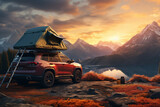 Red Car camping tent on the rooftop of an SUV in mountains on sunset, tourism and vacation, AI Generative