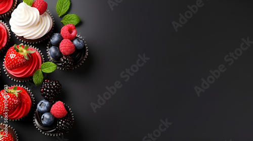 Set of chocolate mini cupcakes decorated with fresh strawberry, blackberry and blueberry on black background, flat lay. Stylish cupcakes background, copy space, top view. AI
