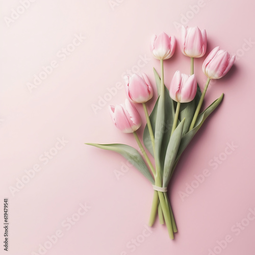 Bouquet of pink tulips on pink background. Flat lay, top view © Soeren