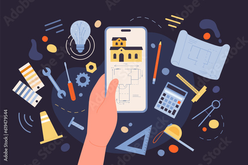 Cartoon architects hand holding phone with building blueprint on screen, person using paper sketch, tools and software for product design. Development of architecture project vector dark concept