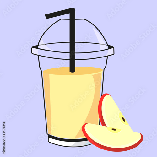 vector illustration of an apple drink in a plastic glass with two apple slices