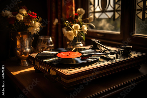 Old vinyl recordes shop on the wooden table, Retro styled, AI Generative.