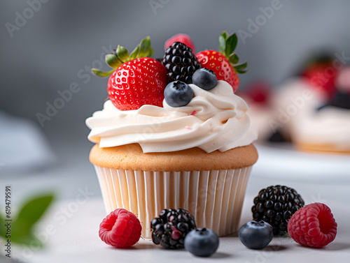 Cupcake with whipped cream and berries on table with light blurred background, close up. Creamy vanilla cupcake decorated with fresh strawberry, blueberry, raspberry and blackberry. AI generated