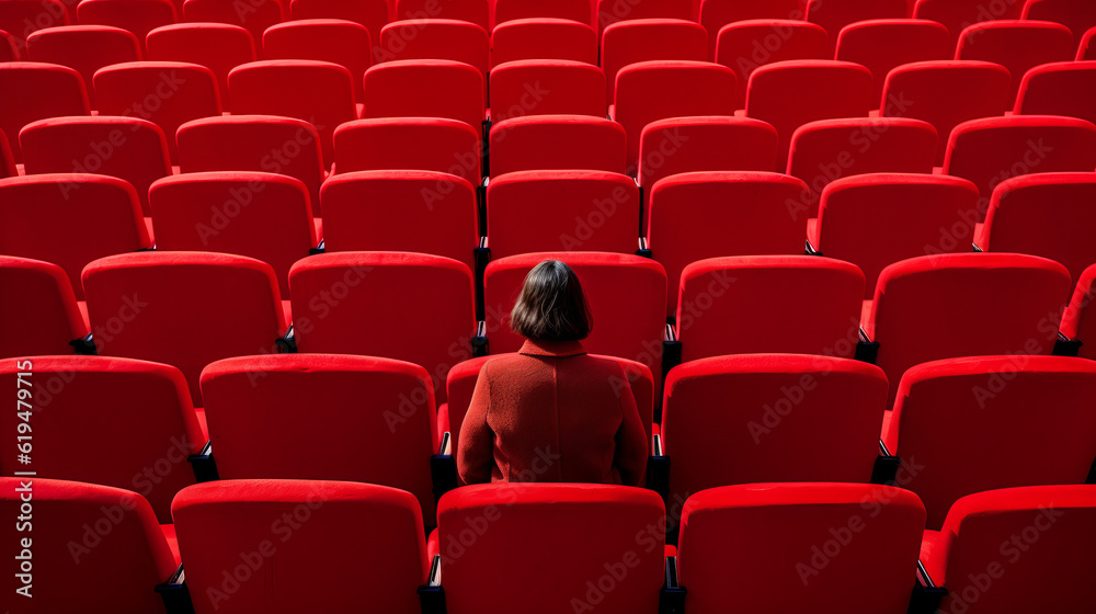 One lonely person in a theater on red seat watching in front , back view