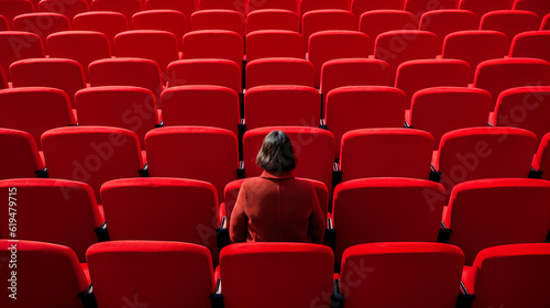 One lonely person in a theater on red seat watching in front , back view