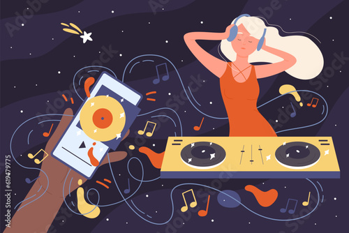 DJ in headphones mixing music at live stream for audience. Cartoon hand holding mobile phone with radio app to listen sound, download and dance entertainment dark concept flat vector illustration
