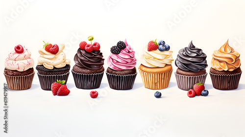 Set of cupcakes. Cupcake assortment sketch on white background for design  menu  web site  sticker  poster  banner  background. Line of colorful cupcakes isolated on white background. AI generated