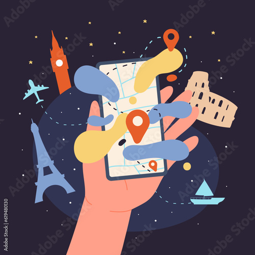 Online service, tour guidance concept. Virtual guide app for travel destination search. Cartoon tourists hand holding mobile phone with city map and road direction on display flat vector illustration