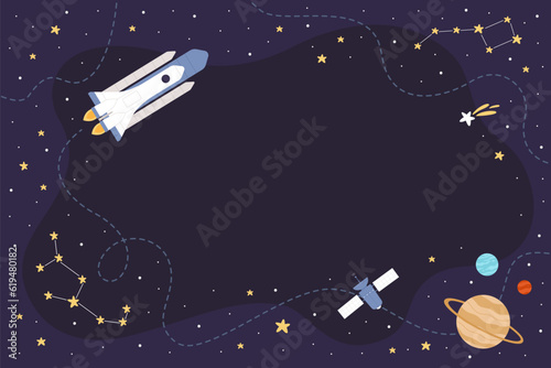 Cartoon spaceship flying in night sky to explore galaxy along route line, blue cosmos background with constellation pattern, planets solar system stars. Space exploration vector illustration