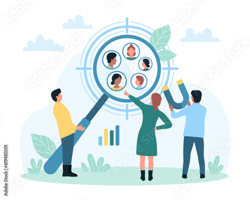 Target audience research vector illustration. Cartoon tiny people search and find focus group of customers in target aim, study consumer behavior and avatars of clients crowd with magnifying glass