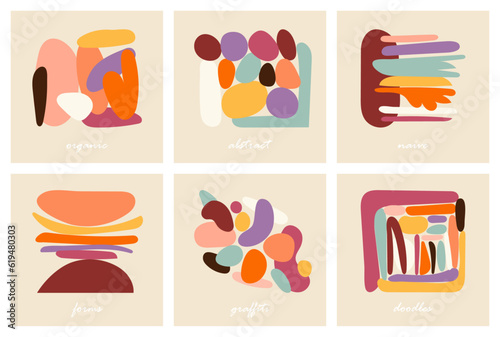Colorful organic forms. Hand drawn simple shapes. flat vector shapes collection influenced by Naive art and Boho art. Abstract backgrounds for poster, card, cover, packaging, banner or branding.