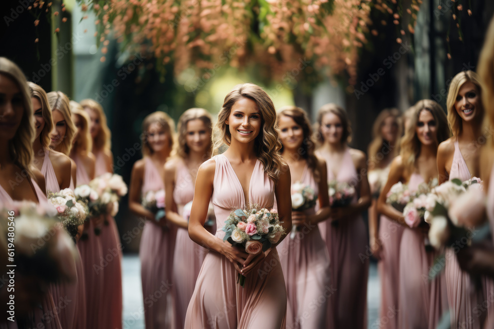 Pretty in Pink. Bridesmaid Dresses of All Styles in Lovely Pink Hues. AI Generative